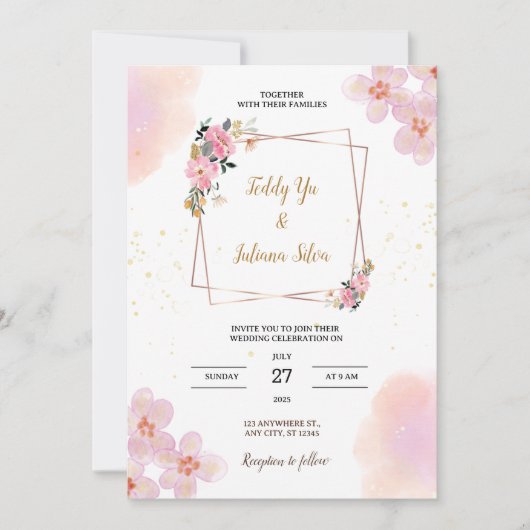 Pink Floral Watercolor Wedding Invitation 招待状 (正面)