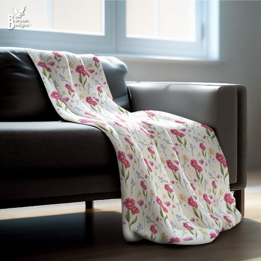 Pink Floral Watercolor Wildflower フリースブランケット