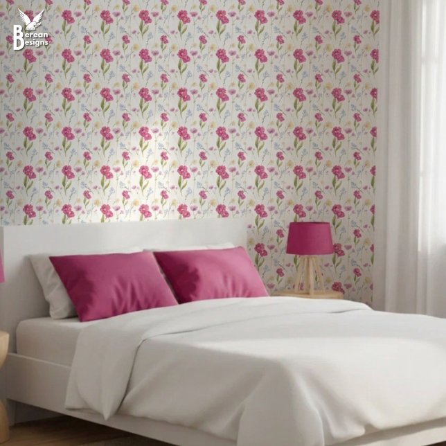 Pink Floral Watercolor Wildflower 壁紙 (Pretty Pink Wildflower Wallpaper. Ideal diy spring decor for feminine bedroom. Matching available.)