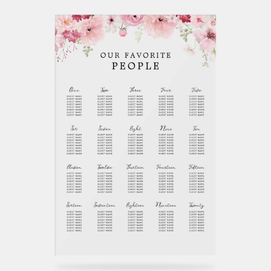 Pink Floral Wedding 20 Table Seating Chart アクリルサイン (正面)