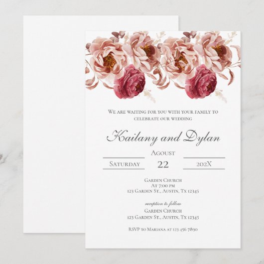 Pink Floral Wedding invitation 招待状 (正面/裏面)