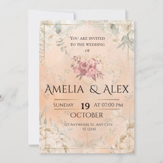 Pink Floral Wedding Invitation | Elegant Customiza 招待状 (正面)