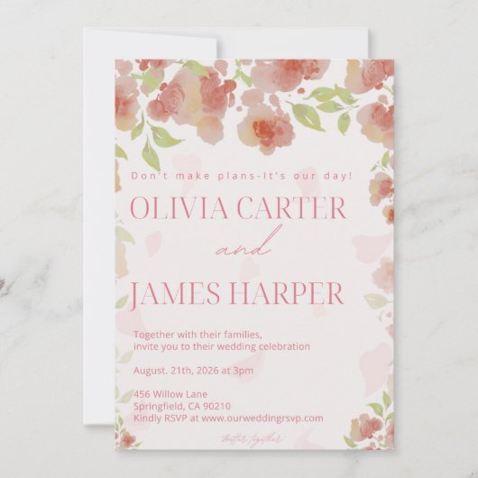 Pink Floral Wedding Invitation – Elegant Rustic 招待状 (正面)