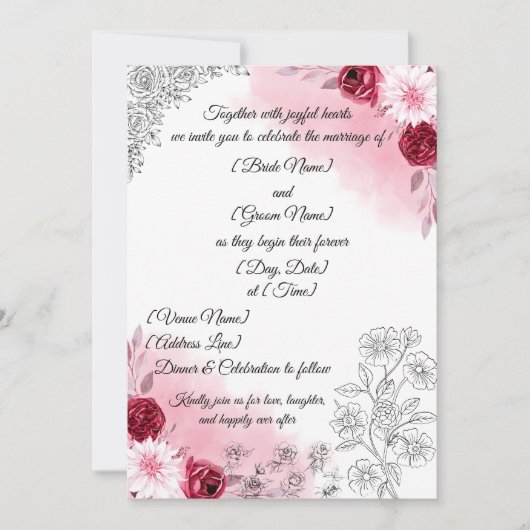 Pink Floral Wedding Invitation | Elegant White 招待状 (正面)