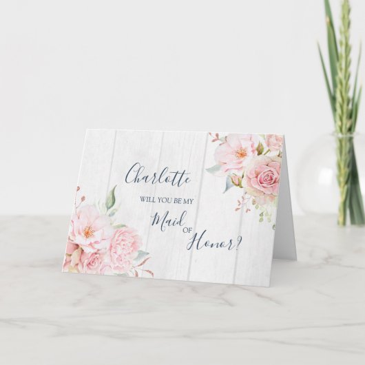 Pink Floral Wedding Maid of Honor Proposal Card サンキューカード (正面)