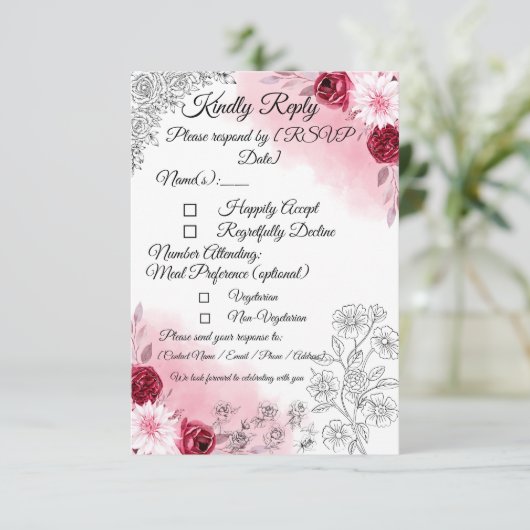 Pink Floral Wedding RSVP Card | Romantic (スタンド正面)
