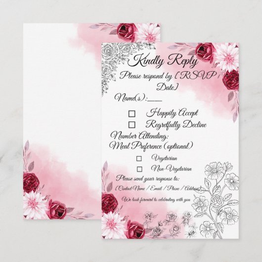 Pink Floral Wedding RSVP Card | Romantic (正面/裏面)