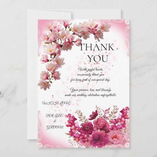 Pink Floral Wedding Thank You Card on White サンキューカード (正面)