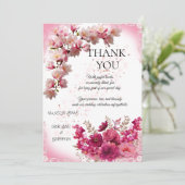 Pink Floral Wedding Thank You Card on White サンキューカード (スタンド正面)