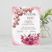 Pink Floral Wedding Thank You Card on White サンキューカード (スタンド正面)
