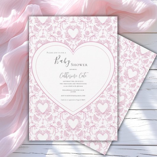 Pink Floral Whimsical Heart Baby Shower  Invitatio 招待状