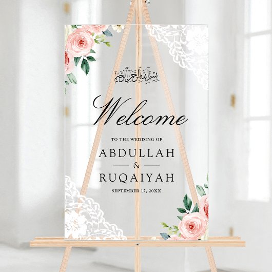 Pink Floral White Lace Muslim Wedding Welcome アクリルサイン