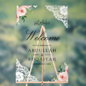 Pink Floral White Lace Muslim Wedding Welcome アクリルサイン (ニュートラル)