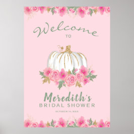 Pink Floral White Pumpkin Glitter Bridal Shower ポスター