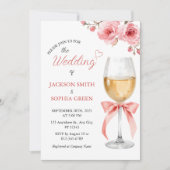 Pink Floral Wine Glass Watercolor Wedding 招待状 (正面)