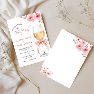Pink Floral Wine Glass Watercolor Wedding 招待状