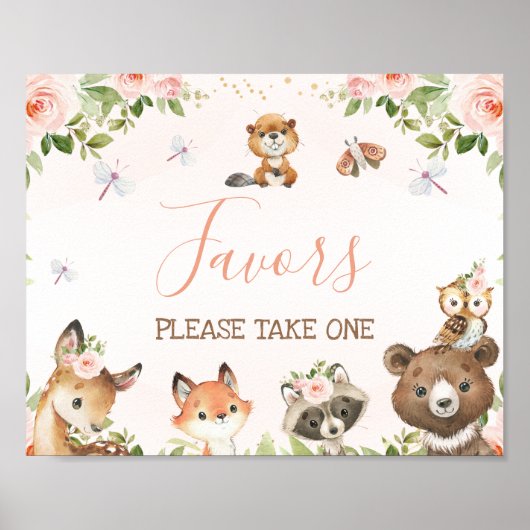Pink Floral Woodland Animals Baby Shower Sign ポスター (正面)