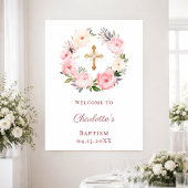 Pink floral wreath Baptism welcome ポスター