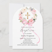 Pink floral wreath bow cross girl baptism arch 招待状 (正面)