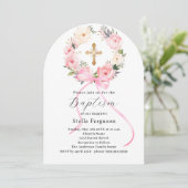 Pink floral wreath bow cross girl baptism arch 招待状 (スタンド正面)