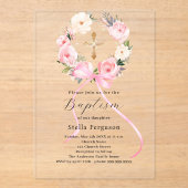 Pink floral wreath bow cross girl baptism clear アクリル招待状 (正面)