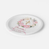 Pink floral wreath bow First Communion ペーパープレート (アングル)