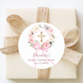 Pink floral wreath bow First Communion ラウンドシール