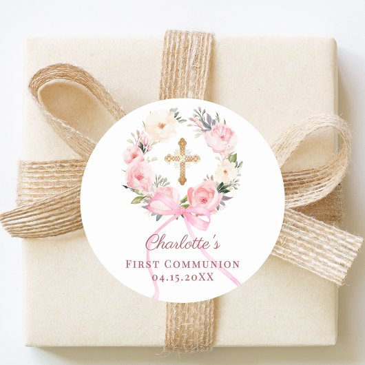 Pink floral wreath bow First Communion ラウンドシール