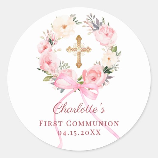 Pink floral wreath bow First Communion ラウンドシール (正面)