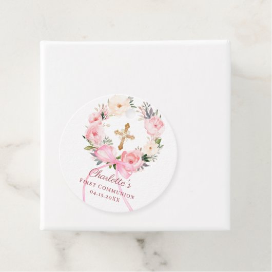 Pink floral wreath bow First Communion DIY フェイバータグ (インサイチュ)