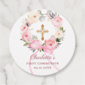 Pink floral wreath bow First Communion DIY フェイバータグ (正面)