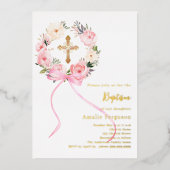 Pink floral wreath cross bow girl baptism 箔招待状 (正面)