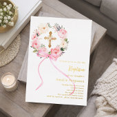 Pink floral wreath cross bow girl baptism 箔招待状