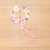 Pink floral wreath cross bow girl baptism clear アクリル招待状 (正面)