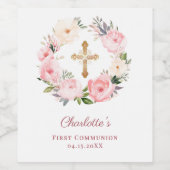 Pink floral wreath cross First Communion ワインラベル (シングルラベル)