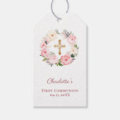 Pink floral wreath cross First Communion DIY ギフトタグ (正面)