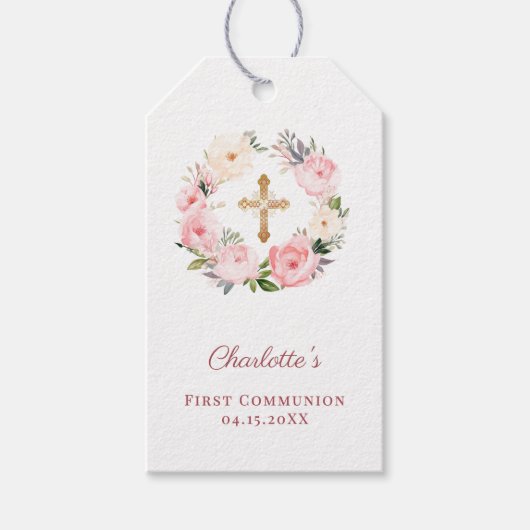 Pink floral wreath cross First Communion DIY ギフトタグ (正面)