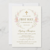 Pink Floral Wreath Cross Girl First Communion 招待状 (正面)