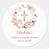 Pink floral wreath First Communion ラウンドシール (正面)