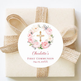Pink floral wreath First Communion ラウンドシール