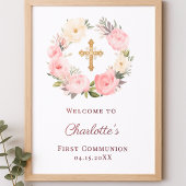 Pink floral wreath First Communion welcome ポスター