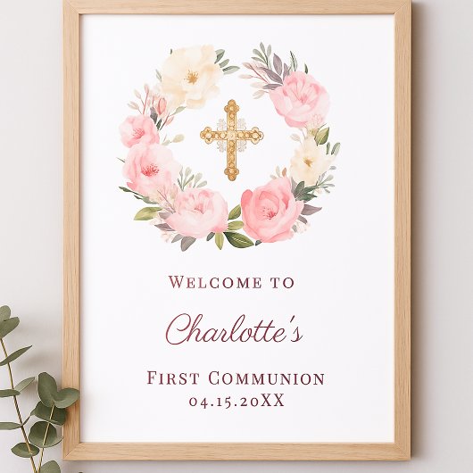 Pink floral wreath First Communion welcome ポスター