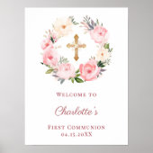 Pink floral wreath First Communion welcome ポスター (正面)