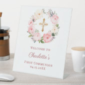 Pink floral wreath First Communion welcome 台座サイン (インサイチュ)