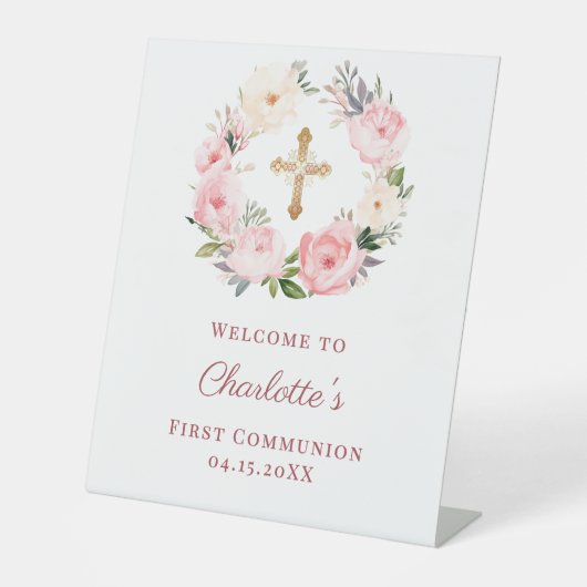 Pink floral wreath First Communion welcome 台座サイン (正面)