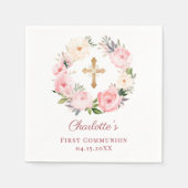 Pink floral wreath girl First Communion スタンダードカクテルナプキン (正面)