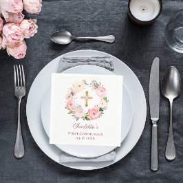Pink floral wreath girl First Communion スタンダードカクテルナプキン