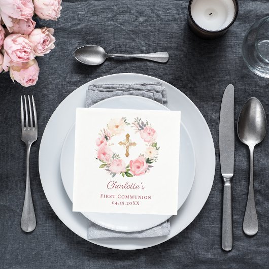 Pink floral wreath girl First Communion スタンダードカクテルナプキン