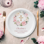 Pink floral wreath girl First Communion ペーパープレート