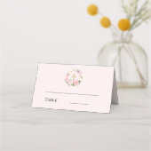 Pink floral wreath gold cross baptism プレイスカード (正面)